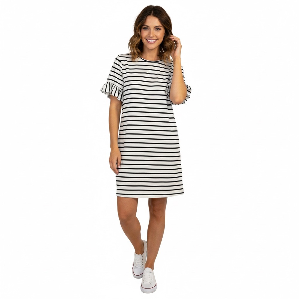Striped Black and White Ruffle Sleeve Dress